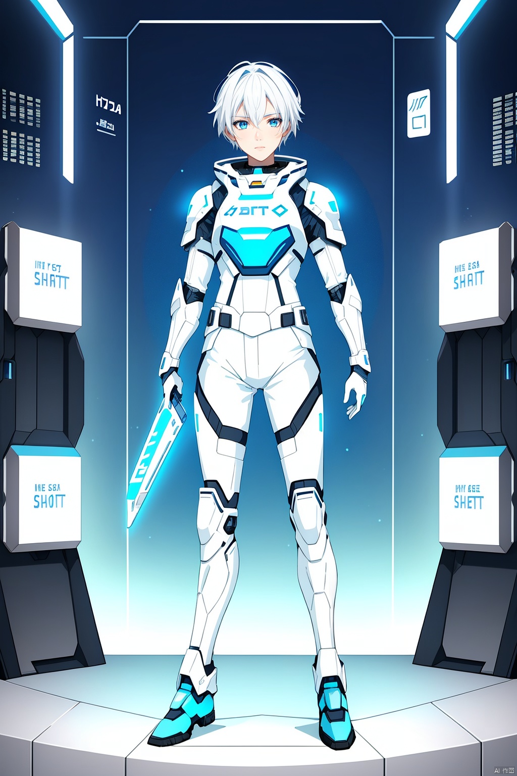  Boy, single, short hair, (blue eyes :1.2), full body, (white hair :1.2), Armor, Sci-fi, Holographic, HD, 32k, Wind, 20 years old, Sunshine, ****, outgoing, lively, Headshot, white space suit, Cyberpunk,Keyboard, mouse, graphics card, console, gamepad