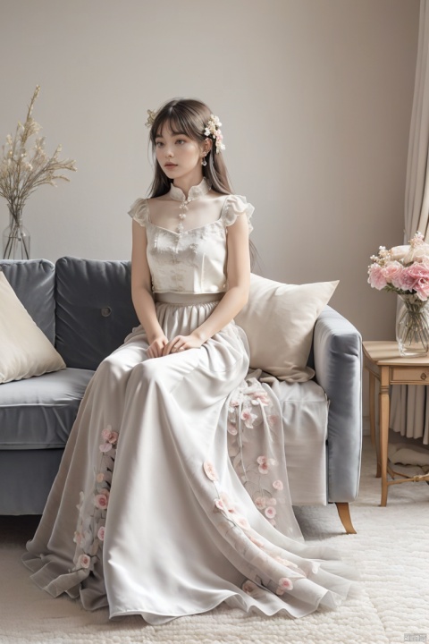  masterpiece, panorama,a girl, solo focus, half_body,long hair, dress, sitting in sofa, a delicate sitting room, a photo frame on the wall, velvet curtains, sofa in modern minimalist style, ((carpet)) on the floor, beautiful flowers, skirt_lift,cns_dress,真实, flowing skirts,Giant flowers,