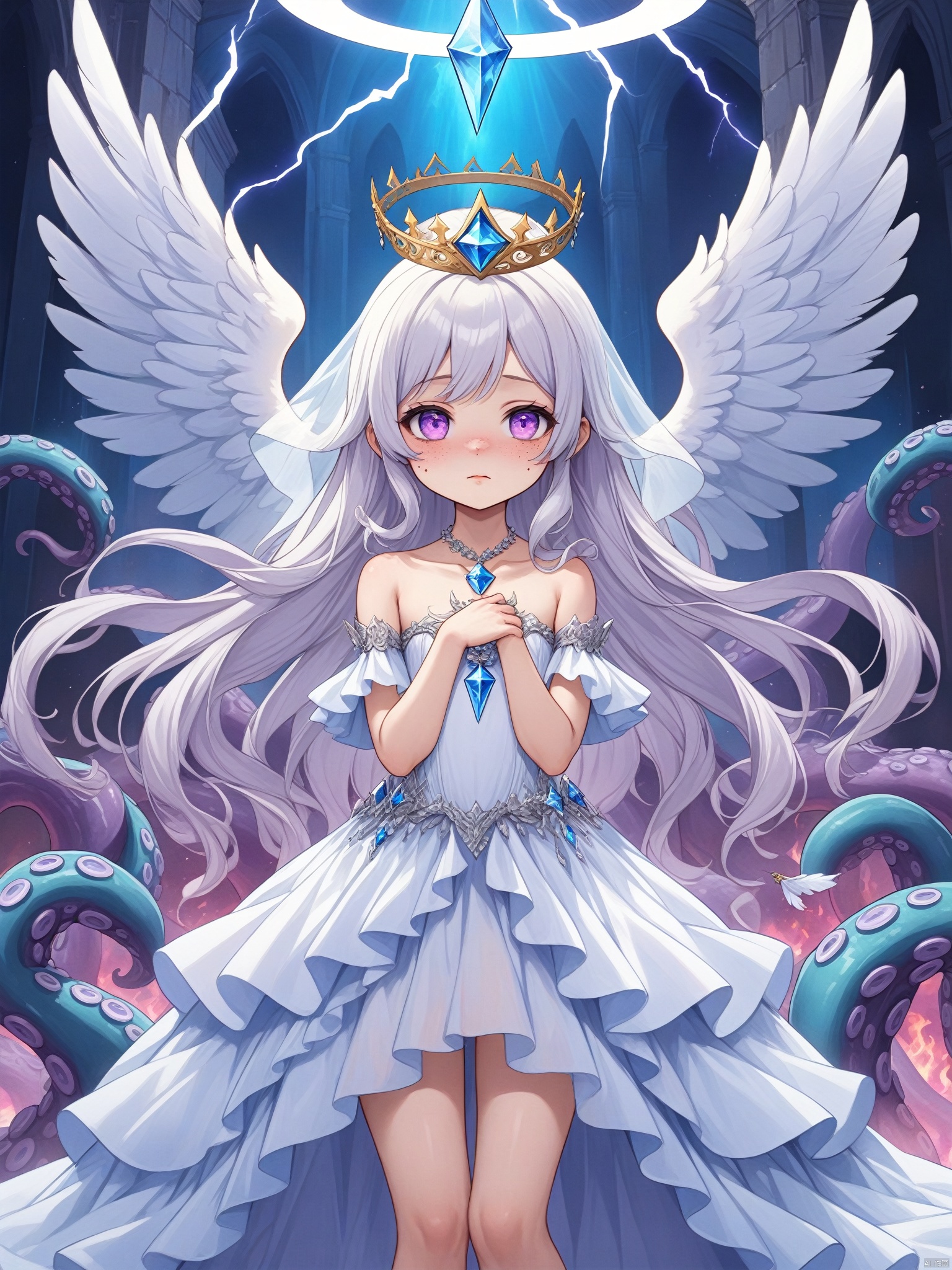 2d游戏角色Lori, petite, 1girl, dress, solo, white hair, princess, crown, halo, angel wings, tentacles, long hair, white and blue translucent crystal swan feather skirt, looking at the audience, crystal pendant, veil, face freckles, bare shoulders, heterochromatic eyes, mouth closed, standing, long dress, collarbone, angel, purple fire element, lightning, title, poster, masterpiece, best quality, high definition, 16k