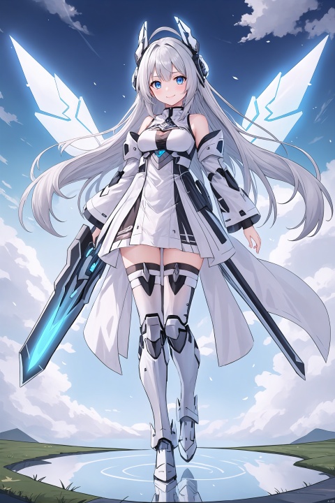  1girl, solo, long hair, breasts, looking at viewer, smile, bangs, blue eyes, thighhighs, dress, bare shoulders, medium breasts, full body, weapon, white hair, boots, outdoors, detached sleeves, wings, sky, day, sword, cloud, water, white dress, armor, zettai ryouiki, petals, floating hair, headgear, cloudy sky, floating, reflection, armored boots, mecha musume, mechanical wings