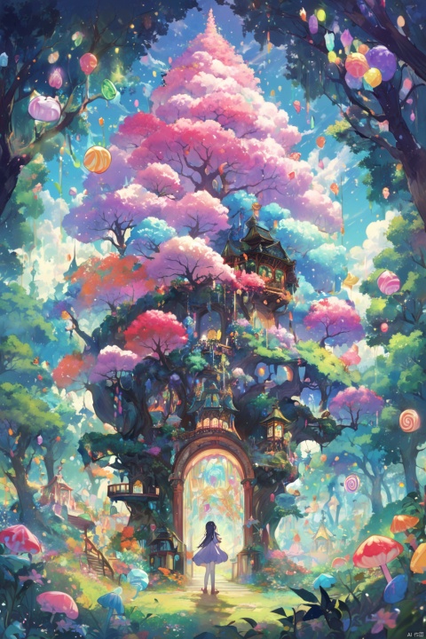  Marshmallow tree, detailed, Bright colors, whimsical, big tree, soft sky, fluffy clouds, fairy, branches filled with candies, sugar coated leaves, Glittering, Soft and chewy, happy children, playful, Cheerful, summer, enchanted forest, enjoyable, imagination, stay, Bright and airy, Irresistible, fantasy, edible, indulgent, Towering, iridescent, Candy heaven, sam kwan Mansion, Glass World, Manchuria Window, Chen's Lineage Hall, neon lights, Having a close and distant view, depth of field, Enigmatic Forest, realm of enchantment, This picture-perfect diorama, Pavilion and Gardens above of Trees adorned, magical creatures flight through, world where imagination knows no bounds, Original