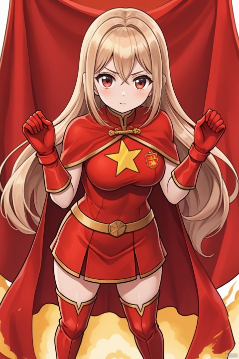  The super heroine Five-Star Red Flag Star wears a tight-fitting uniform with the Chinese Five-Star Flag logo, a cape, long red gloves on both hands, and a pair of red over-the-knee boots on both feet. The camera shows a full body portrait in a standing position.