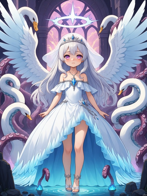 2d游戏角色 Lori, petite, 1girl, dress, solo, white hair, princess, crown, halo, angel wings, tentacles, long hair, white and blue translucent crystal swan feather skirt, looking at the audience, crystal pendant, veil, face freckles, bare shoulders, heterochromatic eyes, mouth closed, standing, long dress, collarbone, angel, purple fire element, lightning, title, poster, masterpiece, best quality, high definition, 16k