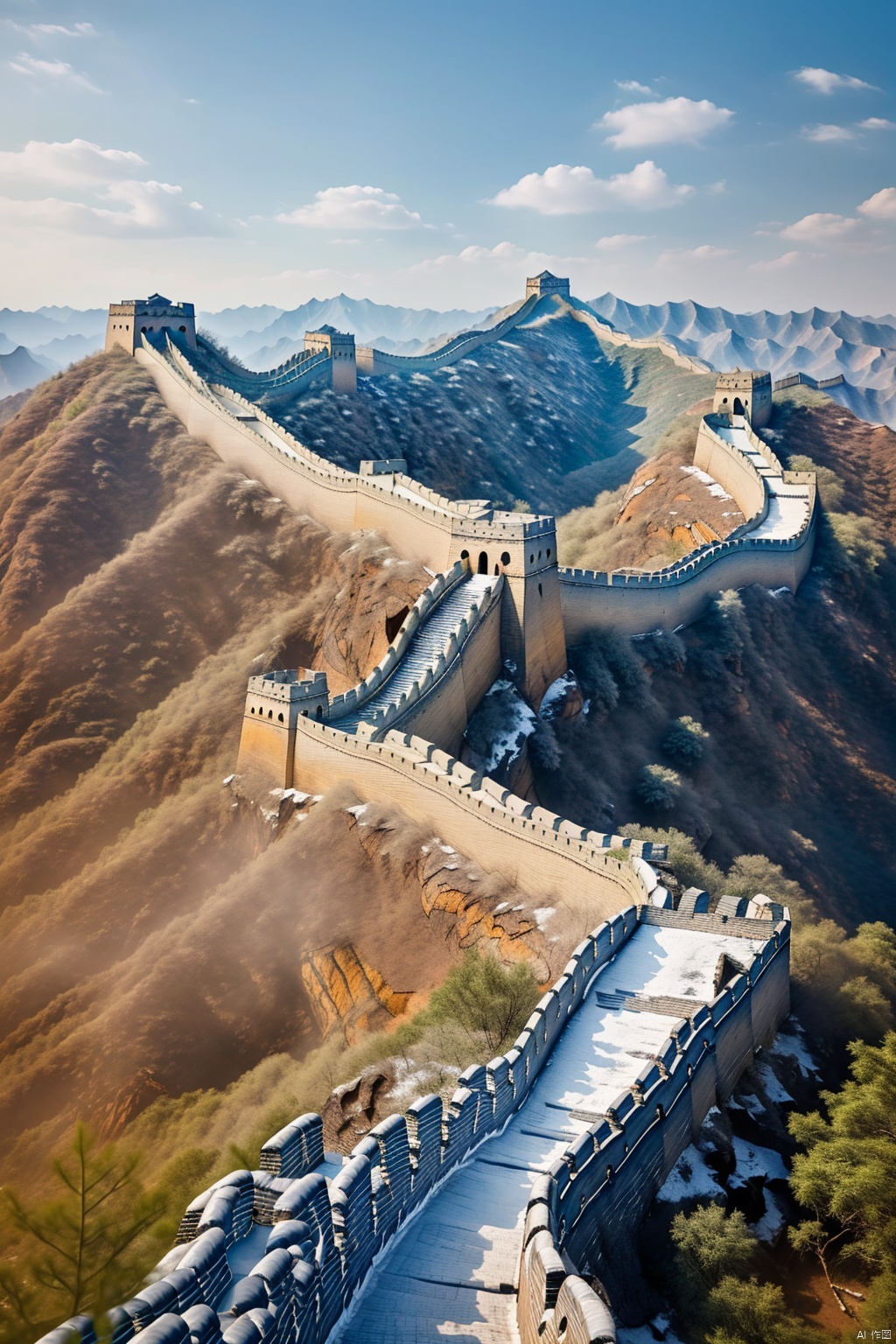  A breathtaking masterpiece featuring the stunning beauty of the Great Wall of China in an 8k resolution. The image showcases the intricate details and complexity of this ancient architectural wonder. The scene is bathed in vibrant colors, with a vibrant red dominating the composition, symbolizing the rich cultural heritage of China. Towering mountains serve as a majestic backdrop, accentuating the grandeur of the Great Wall. Lush trees dot the landscape, adding a touch of serenity to the scene. The sky is adorned with fluffy, white clouds, hinting at a calm and peaceful day. The image is rendered with the utmost precision and clarity, capturing every minutiae of the Great Wall and its surroundings. The scene is bathed in natural sunlight, casting a warm, golden glow on the entire composition, enhancing the overall visual appeal.

, Wide angle,hdr