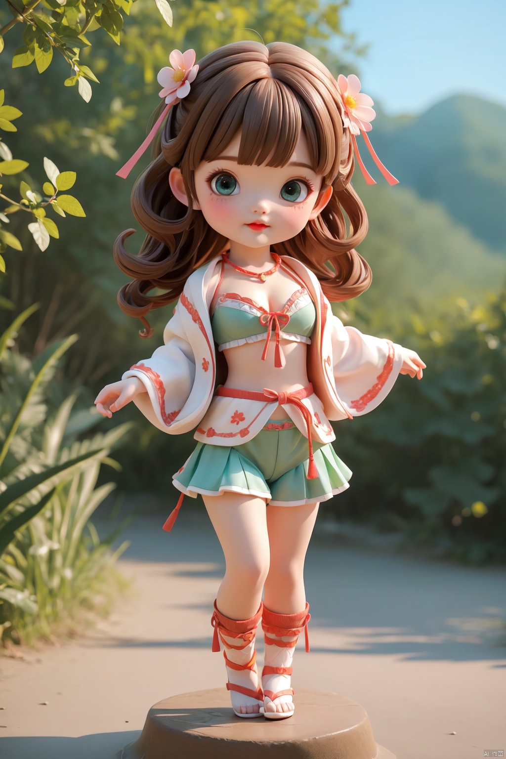  ultra high resolution, best quality, extremely detailed CG unity 8k wallpaper, ultra-fine, extreme detail, masterpiece, high resolution, full-body photo, full_shot, huge filesize, available light,3D,
panorama, landscape,wide_shot, (dynamic_pose:1.2),
1girl, solo, young girl, loli, curvy, petite, curly hair, braided bangs, bangs,
red_lips, long_eyelashes, blush, mole_under_eye, attention to facial details, beautiful detailed eyes, 
cleavage, low-cut, unbuttoned clothes, slender_waist, 
hair_ribbon, lace-trimmed_hairband, barefoot, 
outdoors, in summer, day, scenery, beautiful green countryside, country field, colourful_suits, cute clothing, 3d stely,cute girl