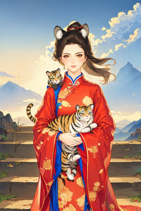 1girl, solo, long hair, looking at viewer, blush, black hair, hair ornament, long sleeves, holding, animal ears, bare shoulders, brown eyes, jewelry, closed mouth, upper body, earrings, outdoors, sky, day, cloud, cat ears, wide sleeves, blue sky, lips, animal ear fluff, animal, chinese clothes, cat, stairs, tiger ears, holding animal, tiger, holding cat