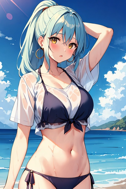  1girl, solo, shirt, swimsuit, bikini, breasts, long hair, white shirt, navel, looking at viewer, upper body, wet, short sleeves, wet clothes, outdoors, see-through, earrings, parted lips, jewelry, arm up, tied shirt, wet shirt, yellow eyes, white hair, halterneck, holding, stomach, hair between eyes, midriff, sky, large breasts, sidelocks, bangs, day, ponytail, hoop earrings, cloud, blush, ocean, bikini under clothes, crop top, holding hair, collarbone, water, masterpiece