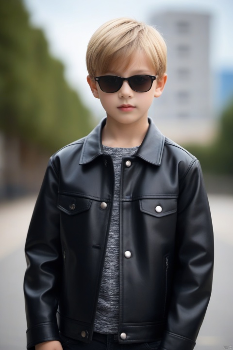  Photo, 10 year old child, single, looking at the audience, short hair, blonde hair, shirt, long sleeve, 1boy, Closed mouth, Standing, Jacket, Male Focus, Cowboy shot, Outdoor, pants, blur, Open Jacket, Black Jacket, black shirt, Depth of Field, Blur Background, Black pants, Sunglasses, Realistic, hands in pockets, leather, Bokeh, Leather jacket, Professional photography, real, 1girl