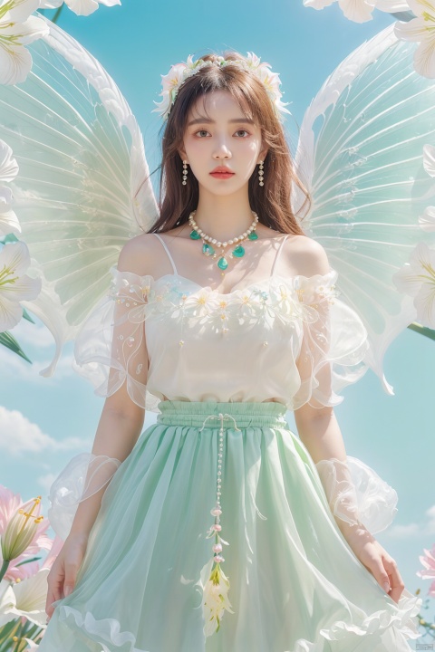 Quality, 8K, extremely intricate details, 1 girl, Lolita, careful eyes, transparent wings, gradient art, in the flowers, (huge lily :1.1), sky, (White cloud :0.9), full lens, necklace, pearls and jewelry, 1 girl, flowing skirt, light green skirt, huge flowers, wide Angle, hdr