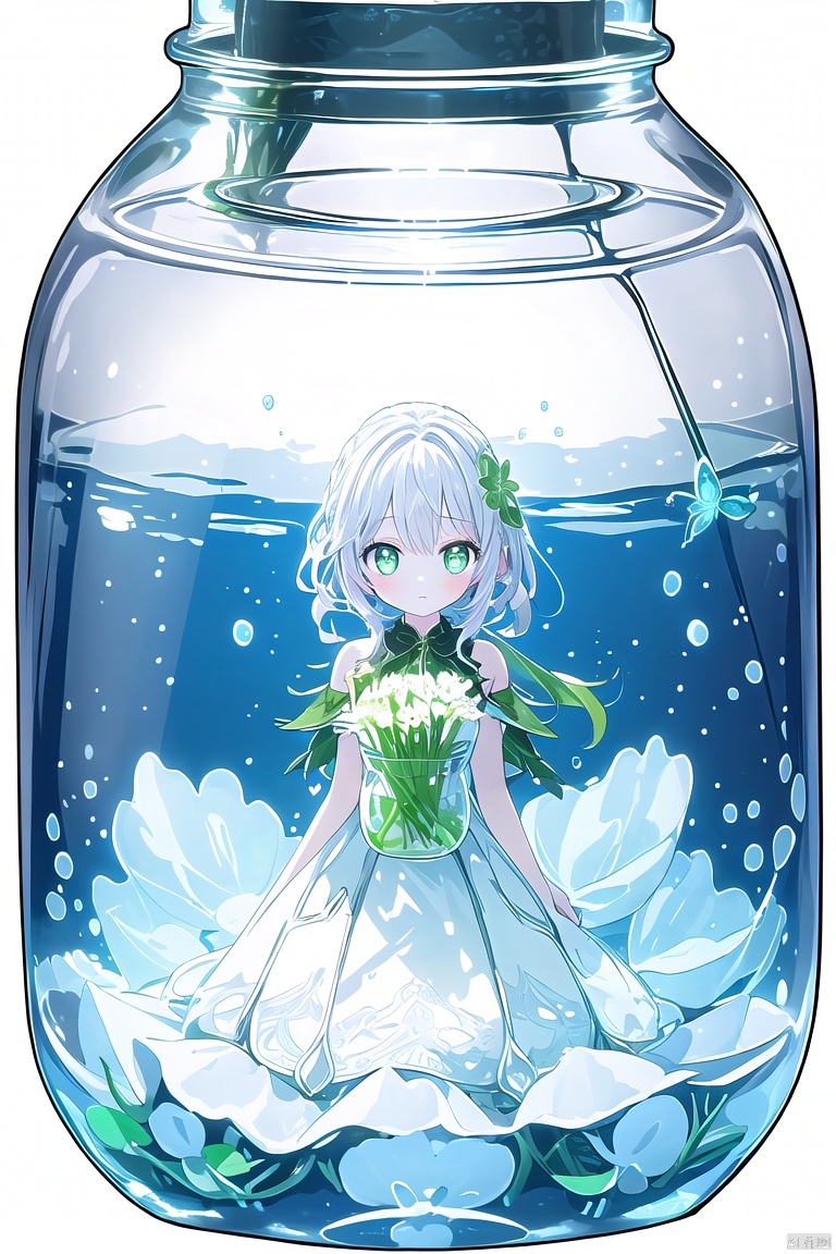  (masterpiece), (best quality),[(white background:1.45)::5], (transparent background:1.3), 1girl, clover theme, plant, ice, underwater, butterfly, (glass jar:1.15), (girl in jar:1.35),