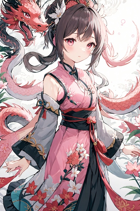  masterpiece, best quality, 1girl, wear pink chinese traditional hanfu,floral print,pink dragon on the left side behind,super detailed,8K,wallpaper,illustration,red and grey black illustration,intricate details,clear lines,bright and soft light, (\lei dian jiang jun\), (gan yu),yae_miko,閽熺, nahida,kamisato_ayaka, venti