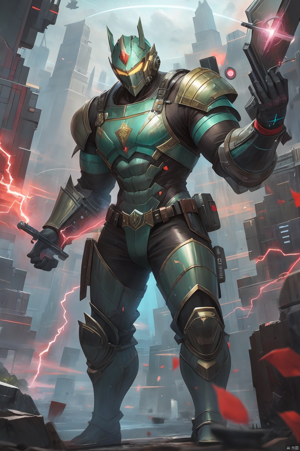  solo, 1boy, male focus, armor, muscular, colored skin, abs, science fiction, shield, electricity, giant, green skin, damaged, power armor