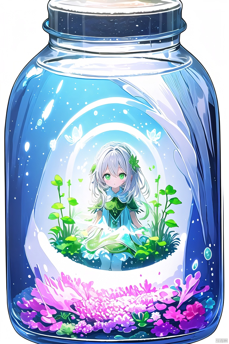  (masterpiece), (best quality),[(white background:1.45)::5], (transparent background:1.3), 1girl, clover theme, plant, ice, underwater, butterfly, (glass jar:1.15), (girl in jar:1.35),