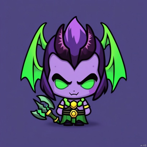  2d GAME character, Illidan is a hero character in the PC game Storm Heroes,Having animal ears,Avatar,Holding a green Warglaive,Solid color background,evil wings,Braid one's hair,purple skin