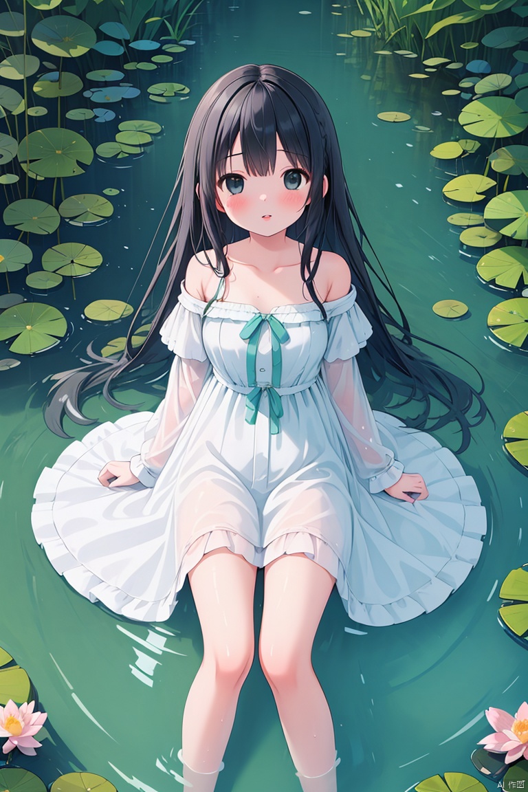  (masterpiece), (best quality), illustration, ultra detailed, hdr, Depth of field, (colorful), loli, 1girl, solo, dress, long hair, lily pad, flower, black hair, barefoot, water, white dress, looking at viewer, bare shoulders, bangs, blush, pink flower, off-shoulder dress, on back, lotus, lying, off shoulder, partially submerged, parted lips, bare legs, collarbone, outdoors, black eyes, breasts, aqua theme,
