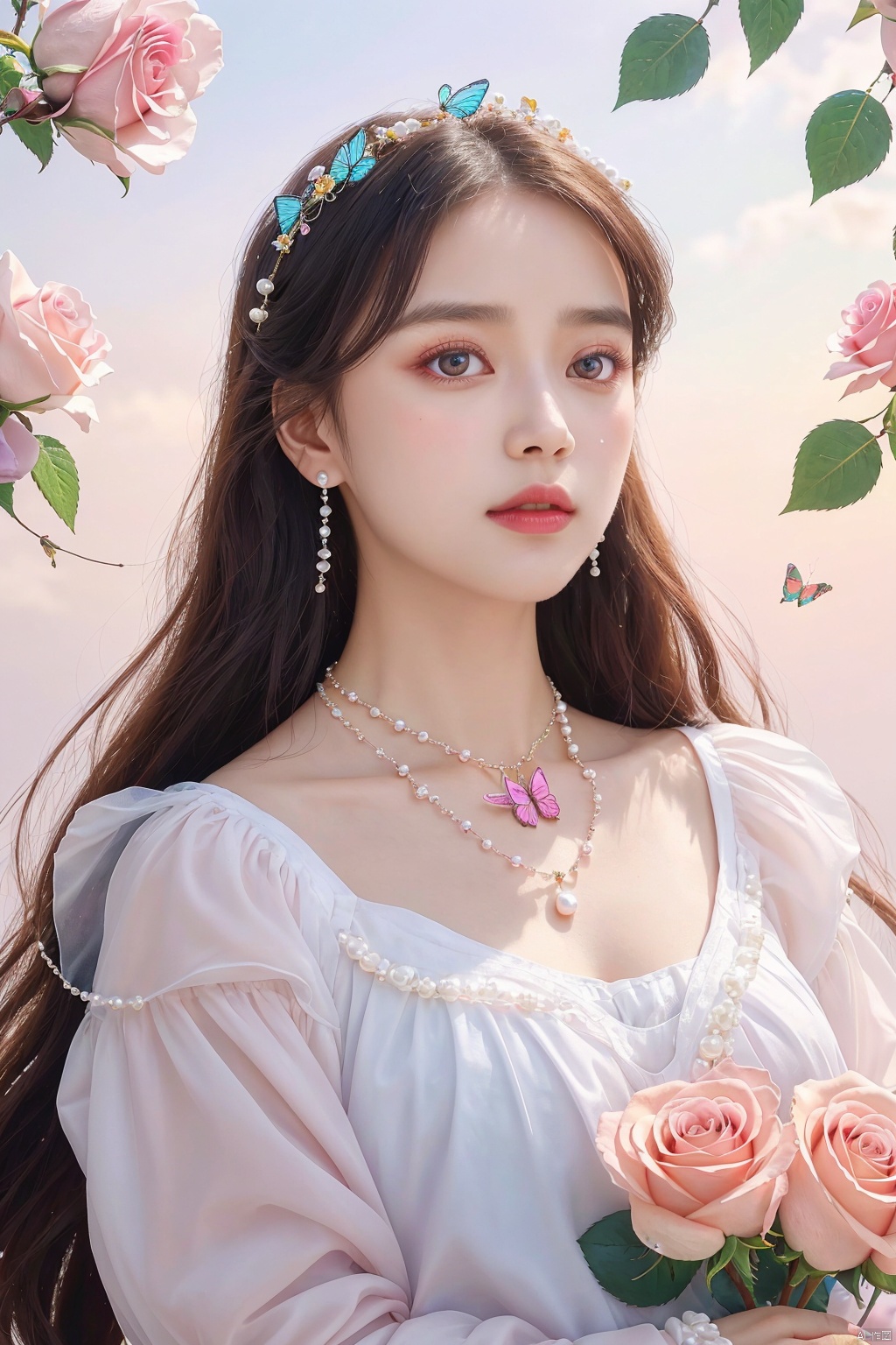  quality, 8K, extremely complex details, 1girl, lolita, careful eyes, looking_at_viewer, butterfly, gradient art, in the flower cluster, (rose:1.1), sky, (white cloud:0.9), full_shot, necklace, pearls andjewels, , 1girl, moyou