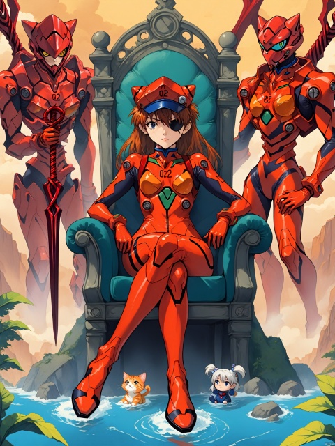  1girl, souryuu asuka langley, neon genesis evangelion, rebuild of evangelion, lance of longinus, cat hat, plugsuit, pilot suit, red bodysuit, sitting, crossed legs, black eye patch, throne, looking down, from bottom, looking at viewer, outdoors, masterpiece, best quality, very aesthetic, absurdres, Anime style, 2d game characters