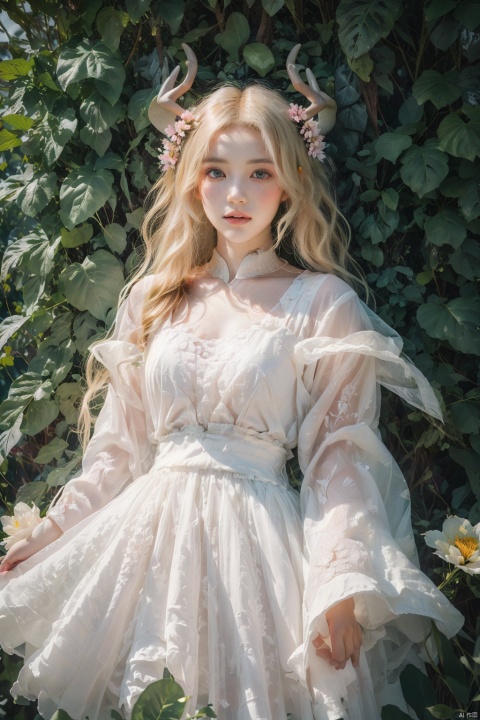  Vintage portrait, photography style, soft focus, pure face,Deer, girl, antlers, vine with leaves, Blonde hair, European and American advanced face, freckles, Detailed light and shadow, Wind, (Strong Sunshine),Two plaits, The forest,Front light source,
, (\xing he\), tm, flowing skirts,Giant flowers,, pink fantasy, tianqi