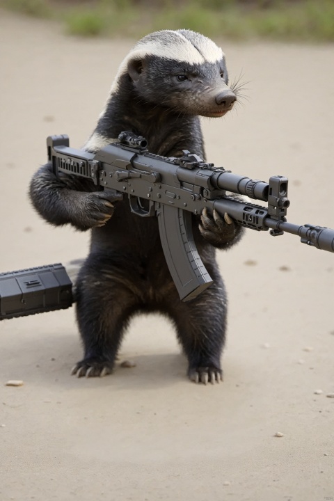  Masterpiece, best quality, ak, assault rifle, outdoors, a cute honey badger in a mech holding an assault rifle, 32k, perfect composition
