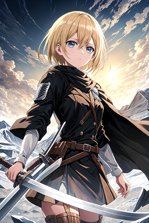 Mika Ackerman from Attack on Titan, she is a tall, cold-faced woman. She has determination and resolve in her eyes and holds a giant sword in her hand. She wears a black uniform and a white