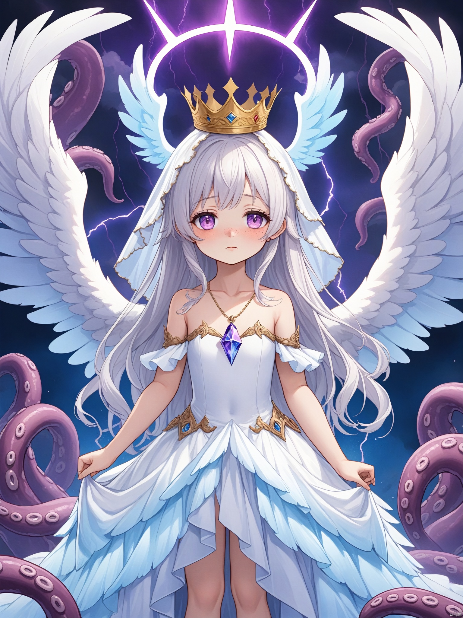 2d游戏角色Lori, petite, 1girl, dress, solo, white hair, princess, crown, halo, angel wings, tentacles, long hair, white and blue translucent crystal swan feather skirt, looking at the audience, crystal pendant, veil, face freckles, bare shoulders, heterochromatic eyes, mouth closed, standing, long dress, collarbone, angel, purple fire element, lightning, title, poster, masterpiece, best quality, high definition, 16k