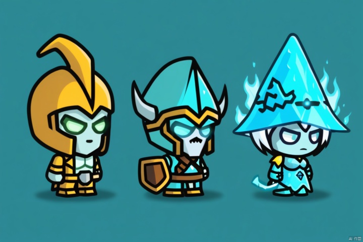  Three game characters, mecha-clad warrior, ice elemental mage, wizard