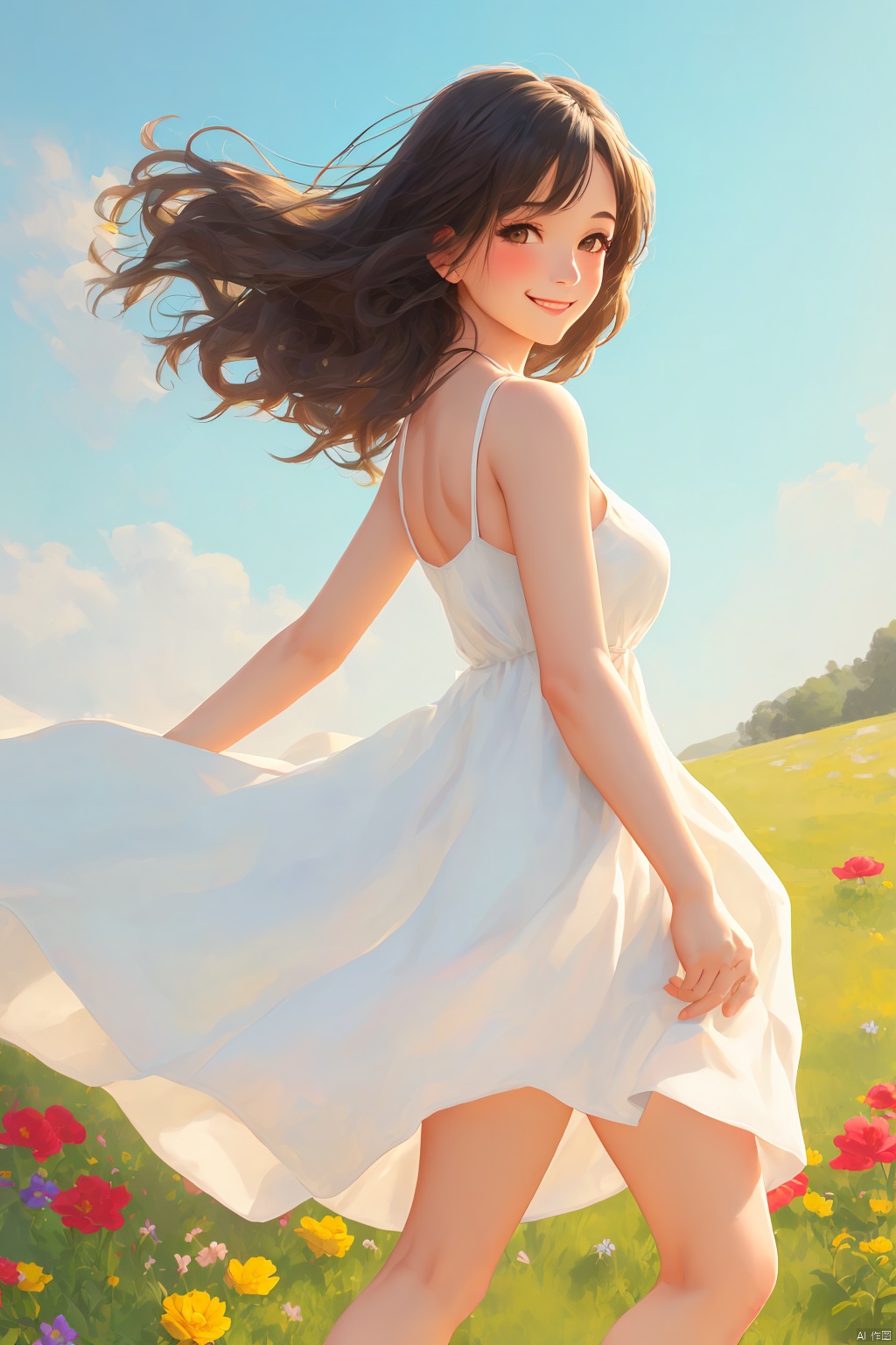 1girl, solo, long hair, breasts, looking at viewer, blush, smile, black hair, dress, bare shoulders, brown eyes, standing, flower, outdoors, sleeveless, white dress, from side, bare arms, sleeveless dress, feet out of frame, wind, sundress