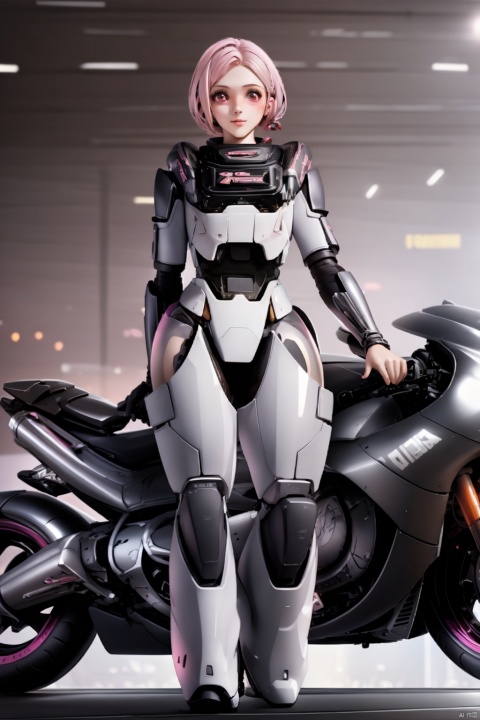  1girl, solo, looking at viewer, short hair,（ Pink eyes：1.8）, full body, pink hair, armor, lips, bodysuit, science fiction, hologram, HD,32k,,Ride a motorcycle, Mecha