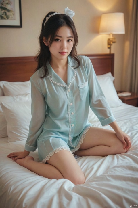 score_9, score_8_up, score_7_up, score_6_up, score_5_up, score_4_up, Hong Kong girl, translucent, pajamas, maid, bed, hotel, bust photo, photo, best picture quality, multi-effect, HD, real