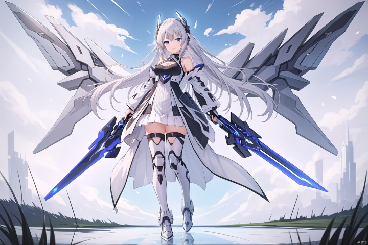 1girl, solo, long hair, breasts, looking at viewer, smile, bangs, blue eyes, thighhighs, dress, bare shoulders, medium breasts, full body, weapon, white hair, boots, outdoors, detached sleeves, wings, sky, day, sword, cloud, water, white dress, armor, zettai ryouiki, petals, floating hair, headgear, cloudy sky, floating, reflection, armored boots, mecha musume, mechanical wings