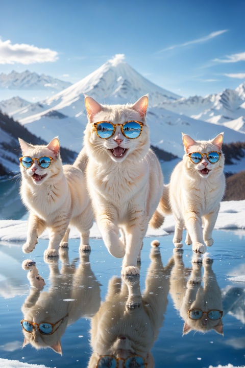 A group of Balinese cats fashion sunglasses, surprise, cute, laugh,  outdoors, sky, day, blue sky, no humans, scenery, snow, reflection, ice, mountain, motion blur, lake, frozen