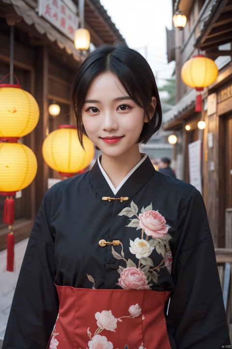 1girl, solo, looking at viewer, smile, short hair, black hair, upper body, blurry, black eyes, lips, chinese clothes, lantern, realistic, paper lantern, Light master