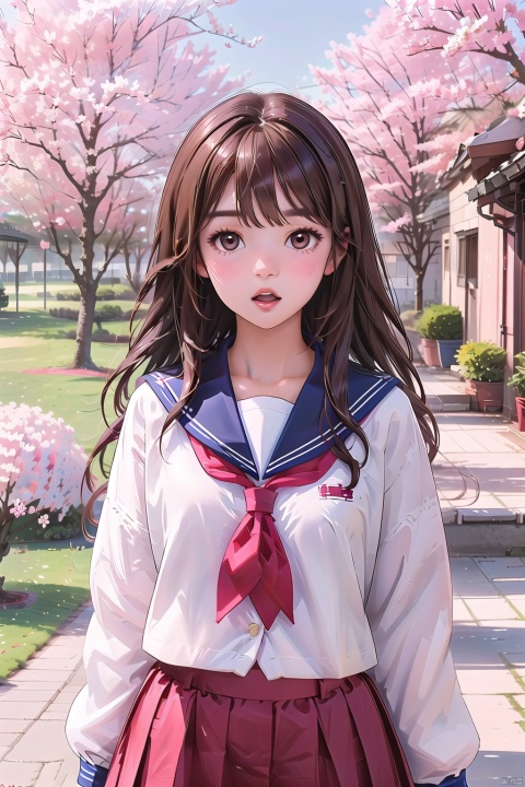  1girl, solo, long hair, looking at viewer, blush, open mouth, bangs, skirt, brown hair, shirt, long sleeves, brown eyes, school uniform, standing, upper body, flower, outdoors, parted lips, sky, serafuku, day, hand up, sailor collar, tree, blue sky, neckerchief, sleeves past wrists, petals, cardigan, blue sailor collar, cherry blossoms, red neckerchief, white cardigan, wmchahua, simple drawing