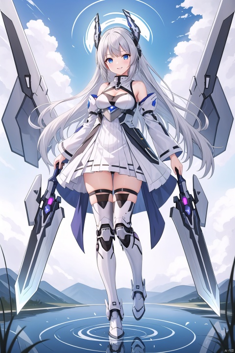  1girl, solo, long hair, breasts, looking at viewer, smile, bangs, blue eyes, thighhighs, dress, bare shoulders, medium breasts, full body, weapon, white hair, boots, outdoors, detached sleeves, wings, sky, day, sword, cloud, water, white dress, armor, zettai ryouiki, petals, floating hair, headgear, cloudy sky, floating, reflection, armored boots, mecha musume, mechanical wings