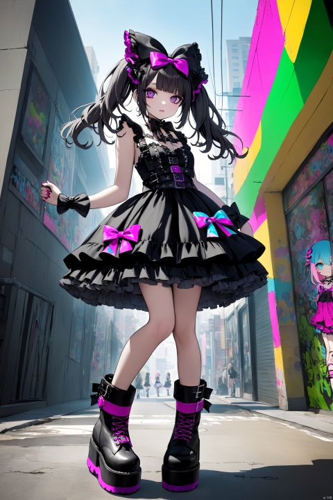  High fashion gothic Lolita street style photographed by Demonakos of a porcelain-skinned girl in an apocalyptic Harajuku outfit, black buckled platform boots, ruffled petticoat peeking below an embellished babydoll dress, huge bow headpiece, vibrant pop colors contrasted against a concrete jungle.