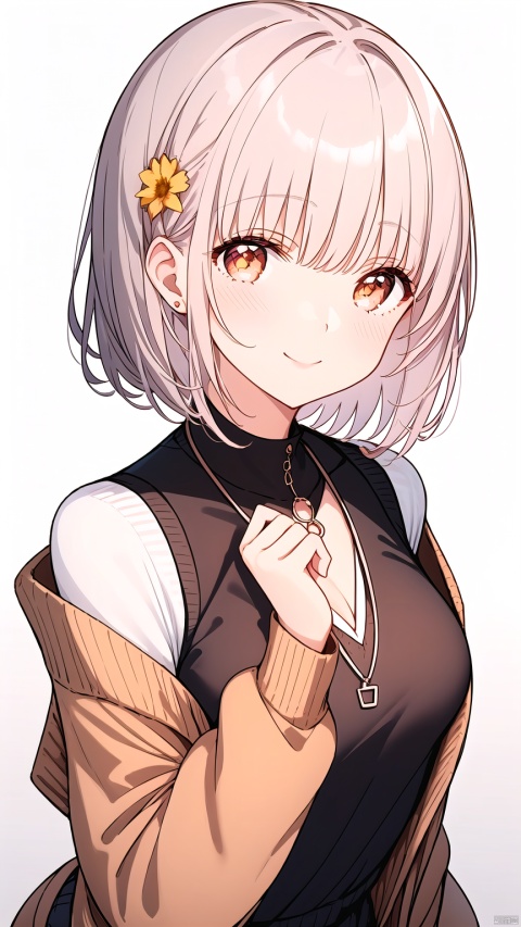 1girl, solo, looking at viewer, blush, smile, short hair, bangs, shirt, long sleeves, brown eyes, jewelry, closed mouth, jacket, upper body, flower, grey hair, open clothes, necklace, off shoulder, sweater, orange eyes, black shirt, blue background, cardigan, own hands together, white flower, striped background, cable knit