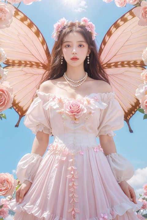  quality, 8K, extremely complex details, 1girl, lolita, careful eyes, looking_at_viewer, butterfly, gradient art, in the flower cluster, (rose:1.1), sky, (white cloud:0.9), full_shot, necklace, pearls andjewels, , 1girl, moyou, flowing skirts,Giant flowers,, Wide angle,hdr