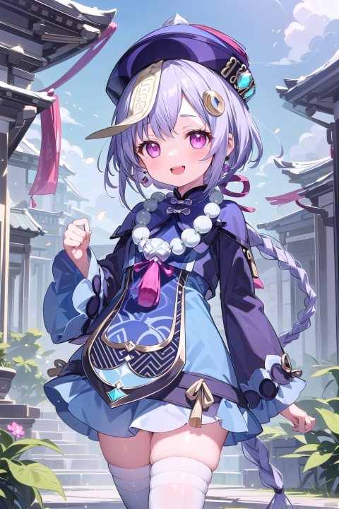  1girl, solo, long hair, looking at viewer, blush, smile, open mouth, bangs, hair ornament, thighhighs, long sleeves, hat, dress, jewelry, standing, purple eyes, purple hair, braid, :d, earrings, outdoors, wide sleeves, necklace, white thighhighs, sleeves past wrists, single braid, bandages, standing on one leg, beads, braided ponytail, lantern, ofuda, purple headwear, bandaged leg, jiangshi, bead necklace, qing guanmao, coin hair ornament, qiqi \(genshin impact\), qiqi (genshin impact)