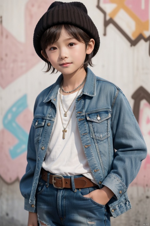 10 years old, child, 1boy, solo, short hair, looking at the audience, smile, bangs, brown hair, shirt, hat, brown eyes, jewelry, jacket, white shirt, denim lens, open dress, belt, pants, necklace, open jacket, lips, crop top, denim, jeans, realistic, beanie, pink jacket, graffiti