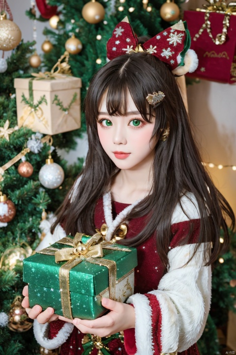  1girl, solo, photo, Snow, outside, Pine, box, christmas tree, merry christmas, holding gift, christmas lights, looking at viewer, bell, ornament, hair ornament, heart-shaped box, UHD, textured skin, high details, 16k, green eyes