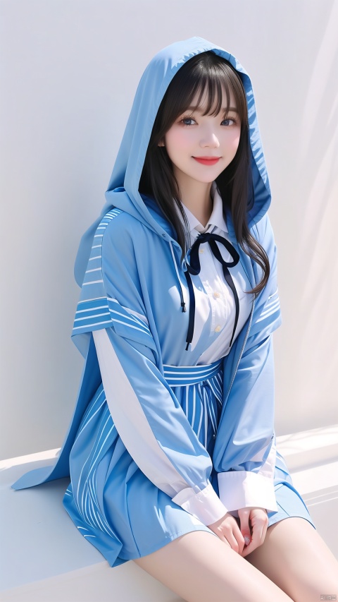  1girl, solo, long hair, looking at viewer, blush, smile, bangs, blue eyes, shirt, long sleeves, dress, ribbon, hair between eyes, sitting, very long hair, closed mouth, full body, white shirt, flower, white hair, barefoot, striped, collared shirt, hood, water, cape, petals, black ribbon, neck ribbon, blue dress, wariza, white flower, cloak, vertical stripes, hood up, yellow flower, striped dress, hooded cloak, vertical-striped dress, hooded cape