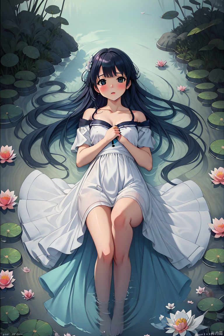  (masterpiece), (best quality), illustration, ultra detailed, hdr, Depth of field, (colorful), loli, 1girl, solo, dress, long hair, lily pad, flower, black hair, barefoot, water, white dress, looking at viewer, bare shoulders, bangs, blush, pink flower, off-shoulder dress, on back, lotus, lying, off shoulder, partially submerged, parted lips, bare legs, collarbone, outdoors, black eyes, breasts, aqua theme, masterpiece