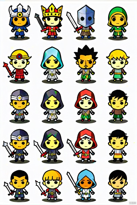  score_9, score_8_up, score_8, score_9,long hair, looking at viewer, short hair, multiple girls, blonde hair, simple background, brown hair, black hair, holding, closed mouth, standing, yellow eyes, weapon, multiple boys, sword, dark skin, hood, chibi, cape, holding weapon, armor, black eyes, mask, facial hair, holding sword, dark-skinned male, helmet, crown, hood up, 6+boys, shield, holding shield
