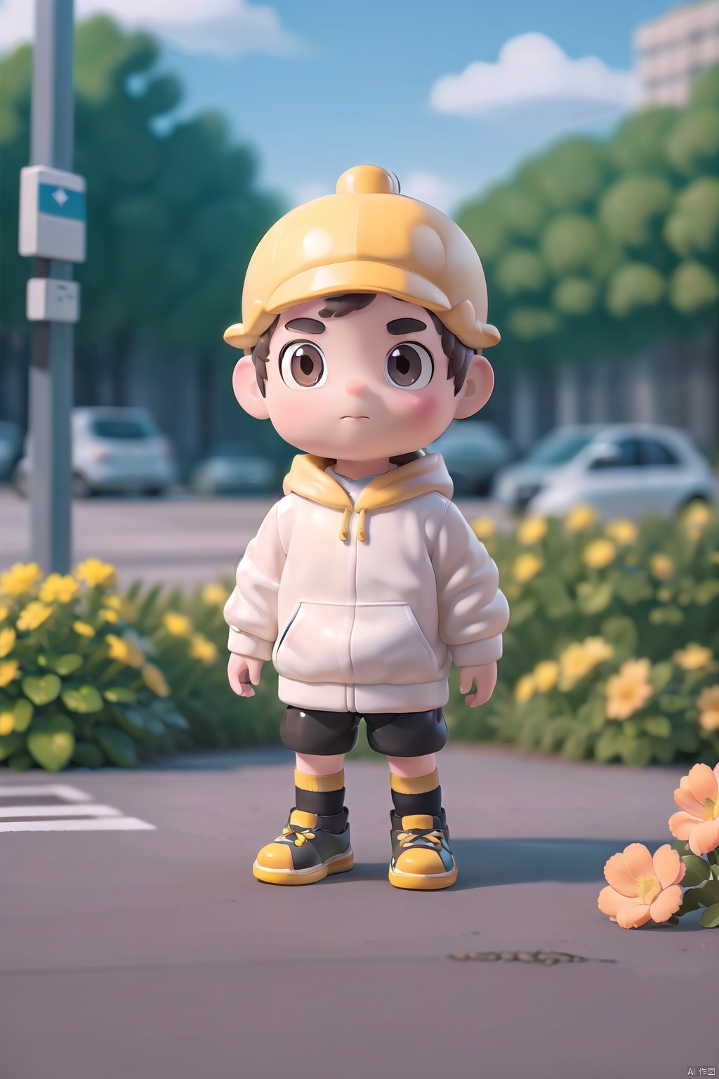  (yellower hat :1.5)1 boy, alone, looking at the audience, short hair, bangs, brown hair, black hair, long sleeves, 1 boy, hat, brown eyes, closed mouth, standing, full body, flowers, male focus, outdoor, shoes, shorts, day, socks, hood, black footwear, black hat, hoodie, black shorts, hood, plants, White socks, ground vehicles, buildings, sneakers, baseball caps, yellow flowers, hands in pockets, pull cords, potted plants, roads, wires, white hoodies, poles, tomboys, flower POTS, air conditioning, crosswalks, volume light, VR rendering