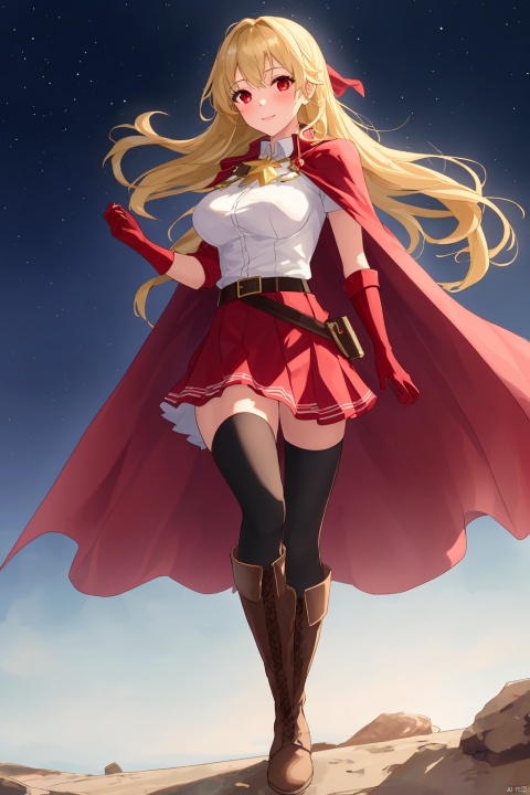 1girl, solo, long hair, breasts, looking at viewer, skirt, blonde hair, red eyes, thighhighs, gloves, boots, belt, star \(symbol\), cape, uniform, zettai ryouiki, military, red gloves, red cape