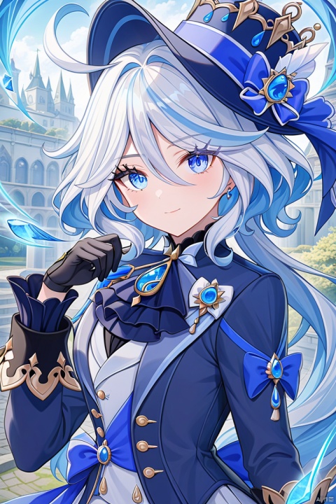 solo,FURINA\(genshin impact\),portrait,upper_body,highres,blue eyes, gloves, hat, solo, white hair, looking at viewer, long hair, 
