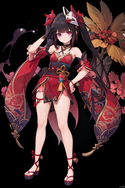  8k, best quality, masterpiece, (ultra-detailed:1.1), (high detailed skin),(full body:1.3), standing, looking at viewer, (solo:1.4), hand on hip, huahuo, 1girl, single_glove, mask on head, sash, black hair, twintails, purple eyes, obi, fox mask, single glove, japanese clothes, Cherry blossom tattoo, chest tattoo,(beautiful_face), ((intricate_detail)), clear face,((finely_detailed)), fine_fabric_emphasis,((glossy)), full_shot,
