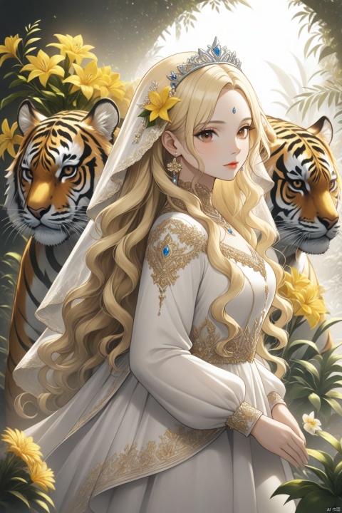 1girl, solo, long hair, looking at viewer, blonde hair, hair ornament, long sleeves, dress, brown eyes, jewelry, closed mouth, flower, white hair, earrings, white dress, from side, lips, animal, wavy hair, tiara, plant, veil, yellow flower, tiger, white tiger