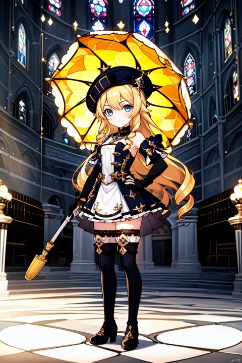  1girl, solo, long hair, looking at viewer, blue eyes, blonde hair, thighhighs, gloves, hat, dress, holding, standing, full body, boots, detached sleeves, belt, black thighhighs, indoors, hand on hip, umbrella, thigh boots, drill hair, holding umbrella, parasol, stained glass, church