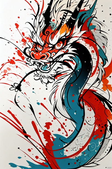  A Chinese dragon,splash ink,color,line,(cute:1.5),casual,abstract,exaggerated,big eyes,surprise,Lines,colored spray paint,colored inkdrops,, Cluttered lines